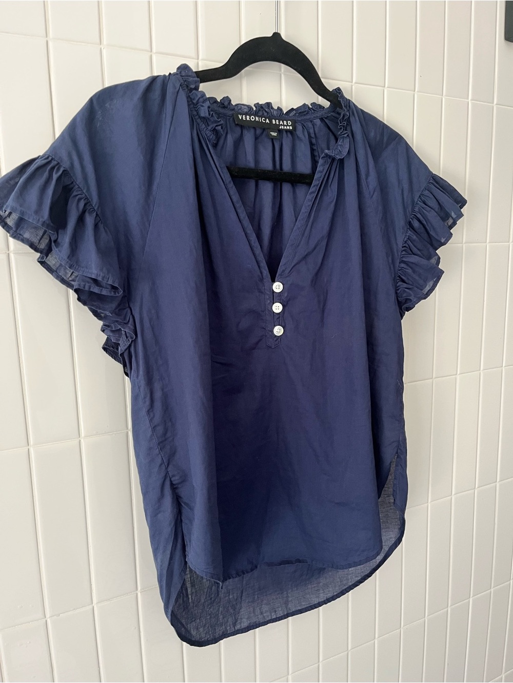 Veronica Beard Jeans Navy Flutter Ruffle Sleeves Size Small - Picture 3 of 4